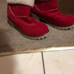 Red Suede Boots with Shearling Trim